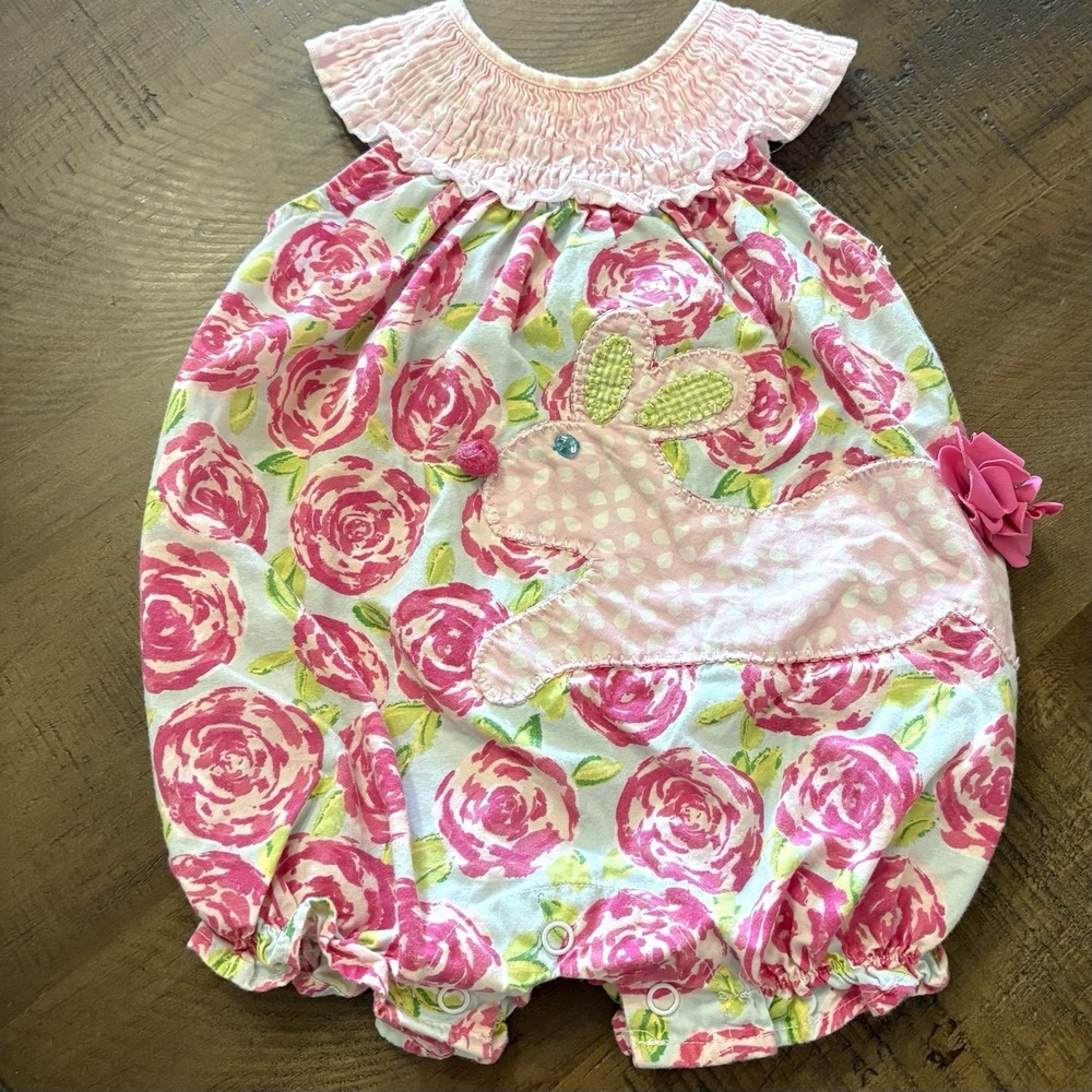 Mud Pie Pink Roses Easter Bunny Floral Smocked Bubble‎ Romper 6-9M